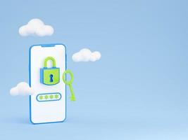 Personal data secure 3d render - padlock and password field on mobile phone screen as well as key and clouds. photo