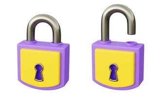 Closed and open padlock 3d render illustration. Lock with keyhole for private data safety and protection. photo