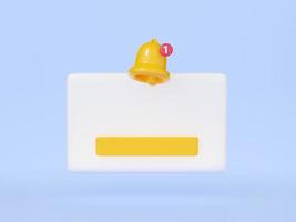 Notification 3d render - white banner with empty space for text, yellow bell and button isolated on blue background. photo