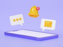 Notification 3d render - chat speech bubble, letter envelope and bell icon under mobile phone screen. photo