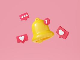 Notification bell with speech bubble with text and heart shapes 3d render. photo