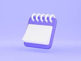 Calendar with 3d render illustration. Purple floating organizer with rings and empty space for text photo