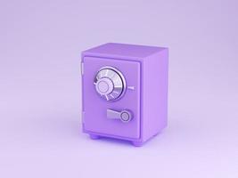 Safe box 3d render - illustration of closed cartoon purple strongbox with combination lock. photo