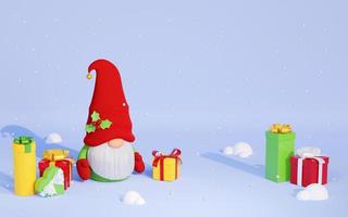 Christmas Scandinavian gnome in red hat with pile of gift boxes 3D render illustration. photo