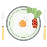 frit Oeuf Jaune d'œuf frire portion nourriture salade tomate sur une assiette fourchette couteau png