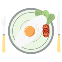 frito huevo yema de huevo freír servicio comida lechuga tomate en un plato tenedor cuchillo png
