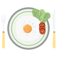 Fried Egg Yolk Fry Serving Food Lettuce Tomato on a Plate Fork Knife png