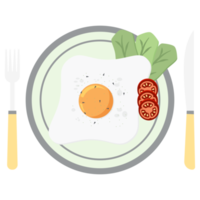 Fried Egg Yolk Fry Serving Food Lettuce Tomato on a Plate Fork Knife png