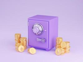 Safe box with crypto currency money 3d render - closed purple strongbox surrounded by gold bitcoin and ethereum. photo