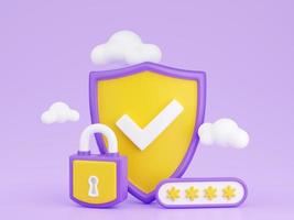 Personal data secure 3d render - composition of shield with tick, closed padlock and field for entering password. photo
