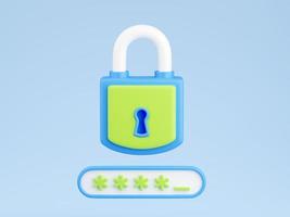 Personal data secure 3d render - closed padlock and password field with incomplete passcode entry. photo