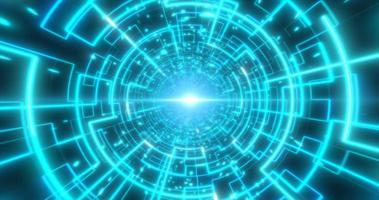 Abstract blue glowing neon laser tunnel futuristic hi-tech with energy lines and flying shards of particles, abstract background photo