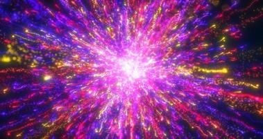 Abstract glowing energy explosion whirlwind firework from purple lines and magic particles abstract background photo