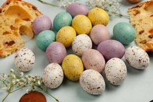 Pastel Easter eggs background. Spring greating card. Easter eggs in basket photo