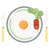 frito huevo yema de huevo freír servicio comida lechuga tomate en un plato tenedor cuchillo png