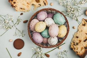 Pastel Easter eggs background. Spring greating card. Easter eggs in basket photo