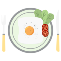 Fried Egg Yolk Fry Serving Food Lettuce Tomato on a Plate Fork Knife png