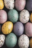 Pastel Easter eggs background. Spring greating card. Easter eggs in basket photo