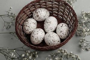 Pastel Easter eggs background. Spring greating card. Easter eggs in basket photo