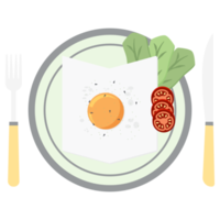 Fried Egg Yolk Fry Serving Food Lettuce Tomato on a Plate Fork Knife png