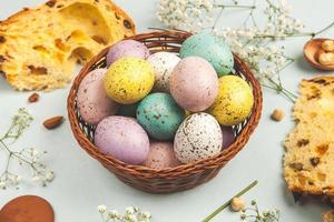 Pastel Easter eggs background. Spring greating card. Easter eggs in basket photo
