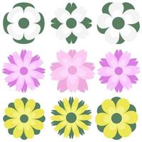 A set of flat design vector pink, yellow, and green flowers.