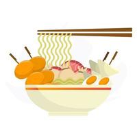 A bowl of noodles with a chopsticks toppings vector