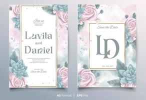 watercolor wedding invitation template with pink and blue flower ornament vector