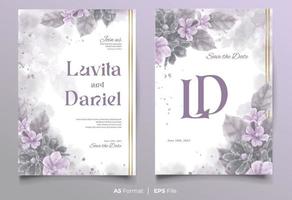 plantilla de invitación de boda de acuarela con adorno de flor morada vector