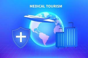 médico turismo -médico seguro concepto, mujer en el aeropuerto yendo a viaje extranjero para médico tratamiento , médico turismo vector ilustración