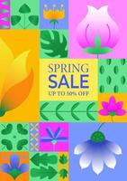 Spring sale poster simple geometric abstract design. Composition with colorful flower elements and leaves for spring season. Template for website, banner, invitation, flyer, presentation. Vector