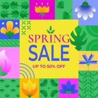 Spring sale header or banner simple geometric abstract design. Background with colorful flower elements like snowdrop, tulip, crocus, leaves for spring season. Template for website, poster, invitation vector