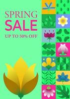 Spring sale poster simple geometric shapes abstract design. Composition with colorful flower and leaves for spring season. For use for presentation, advertisement, banner, invitation, flyer, leaflet vector