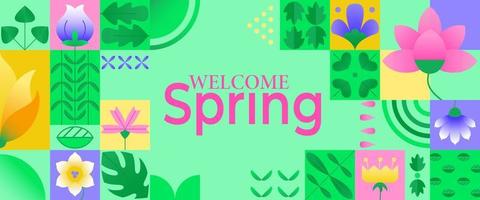 Welcome spring banner. Simple geometric shapes abstract design. Composition with colorful flower and leaves for spring season. Template for presentation, advertisement, landing page, website, poster vector