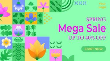 Spring mega sale landing page. Geometric simple shapes abstract design. Composition with colorful flower, leaves and text for spring season. Template for poster, advertisement, header, banner, website vector