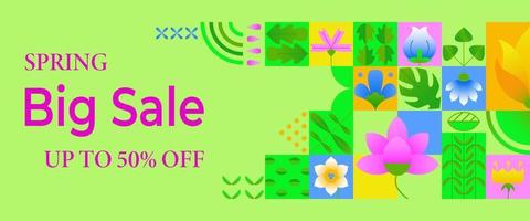 Spring big sale web banner. Simple geometric shapes abstract design. Composition with colorful flower and leaves for spring season. Great for presentation, advertisement, landing page, poster. Vector
