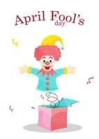 bright vector illustration card of a surprise box, april fools day, clown on a spring