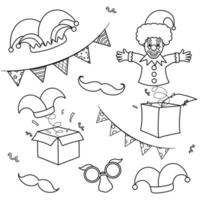 bright vector illustration set of april fools day, a surprise box, clown, party decorations, doodle and sketch