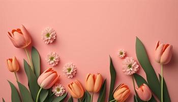 Spring tulip flowers on pink background top view in flat lay style. photo