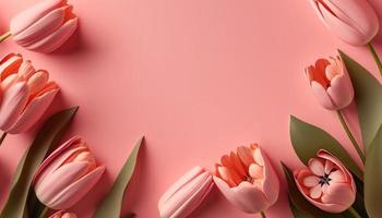 Spring tulip flowers on pink background top view in flat lay style. photo