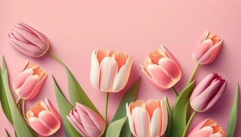 Spring tulip flowers on pink background top view in flat lay style. photo