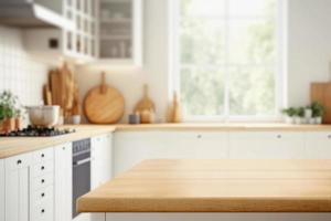Wood table top on blurred kitchen background. can be used mock up for montage products display or design layout photo