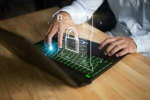 Data protection privacy concept. GDPR. EU. Cyber security network. Business man protecting data personal information on tablet. Padlock icon and internet technology networking connection on digital photo