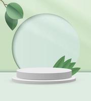 Abstract white round corner pedestal podium, green empty room with green leaf. Product display presentation. photo
