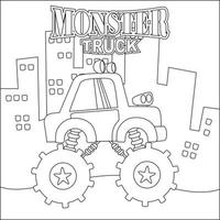 Vector illustration of monster truck with cartoon style. Childish design for kids activity colouring book or page.