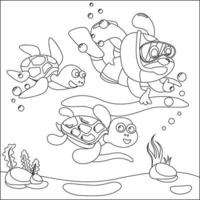 Vector illustration of little turtle and bear are swim in underwater. Creative vector Childish design for kids activity colouring book or page.