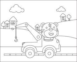 coloring book or page of tow truck cartoon with funny driver, Cartoon isolated vector illustration, Creative vector Childish design for kids activity colouring book or page.