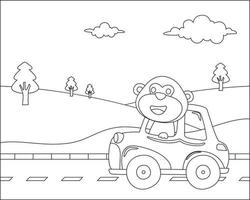 Vector cartoon of funny animal driving car in the road with village landscape. Cartoon isolated vector illustration, Creative vector Childish design for kids activity colouring book or page.