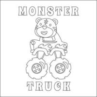 Vector illustration of monster truck with animal driver. Cartoon isolated vector illustration, Creative vector Childish design for kids activity colouring book or page.