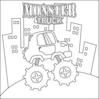 Vector illustration of monster truck with cartoon style. Childish design for kids activity colouring book or page.